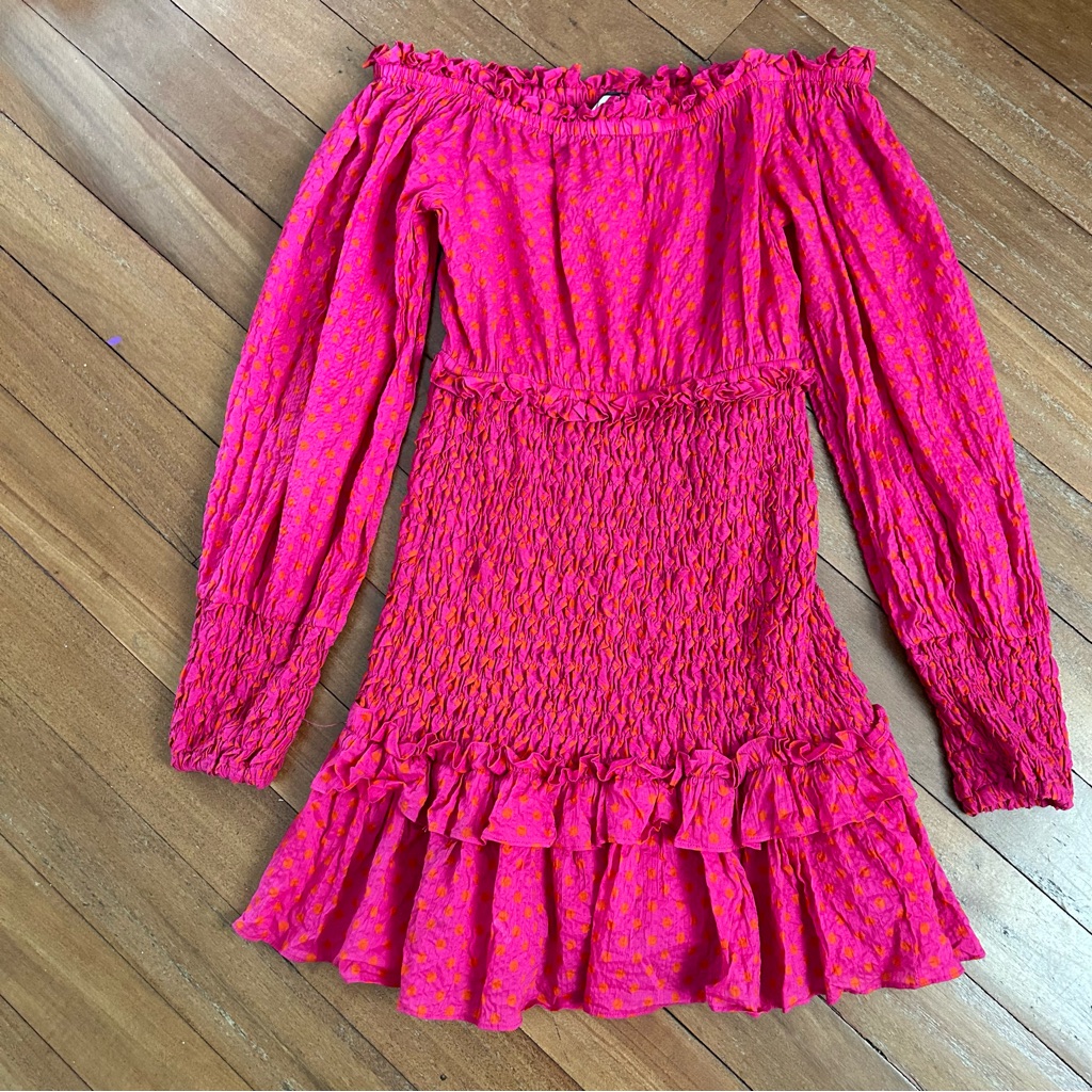Alexis Marilena Pink Polka Dot Blouson Smocked Off Shoulder Mini Dress